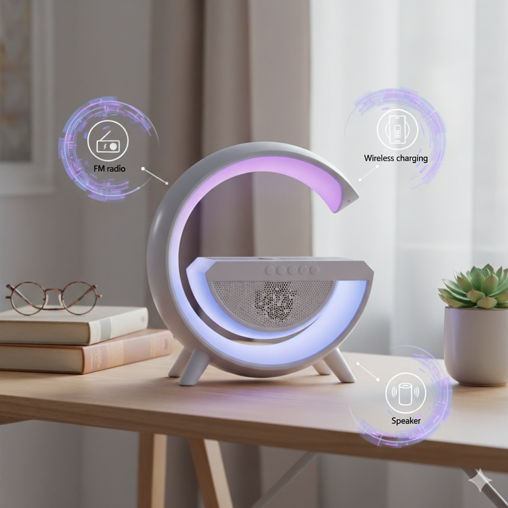 Multifunction Smart Speaker Lamp – Wireless Charging | FM Radio | LED Ambient Light